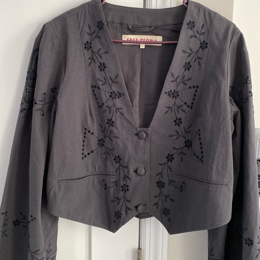 Free People Gray Embroidered Blazer